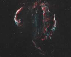 Veil Nebula By Bob Rossiter <br> October 5-6, 2024 <br>135mm Rokinon lens <br>ZWO 2600mc pro camera guided by the ASIair ZW0 <br>AM5 mount <br>60 - 600 second exposures (6 hours)